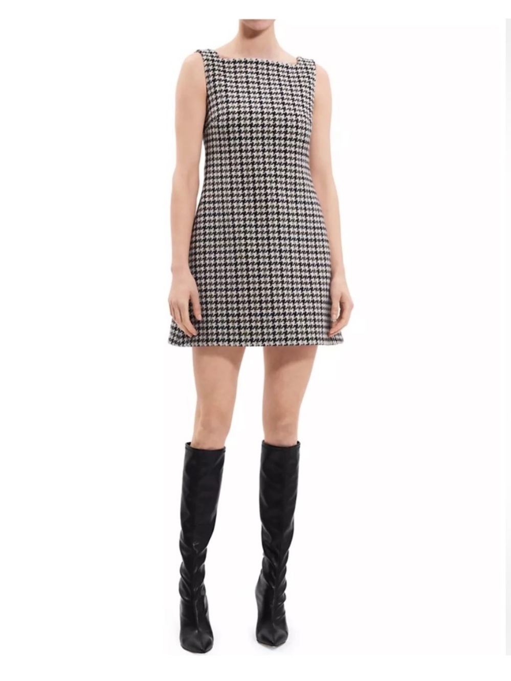 Theory Houndstooth Wool Sleeveless Shift Mini Dress Size 12 Square Neck Tweed